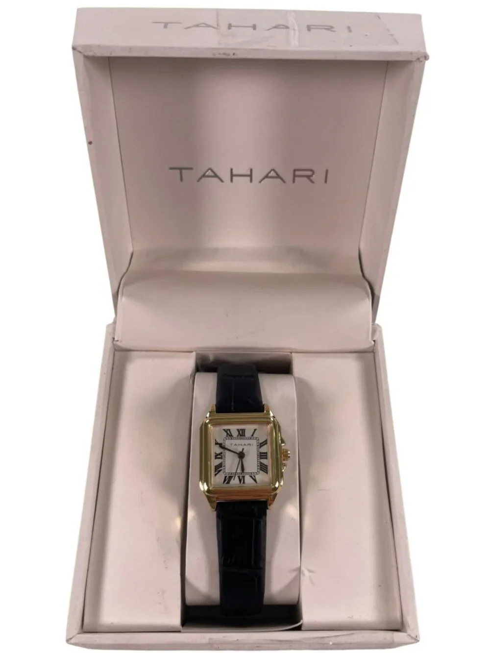 Tahari Gold-Tone Square Face Watch Black Leather Strap Women's TAH3281NX NEW